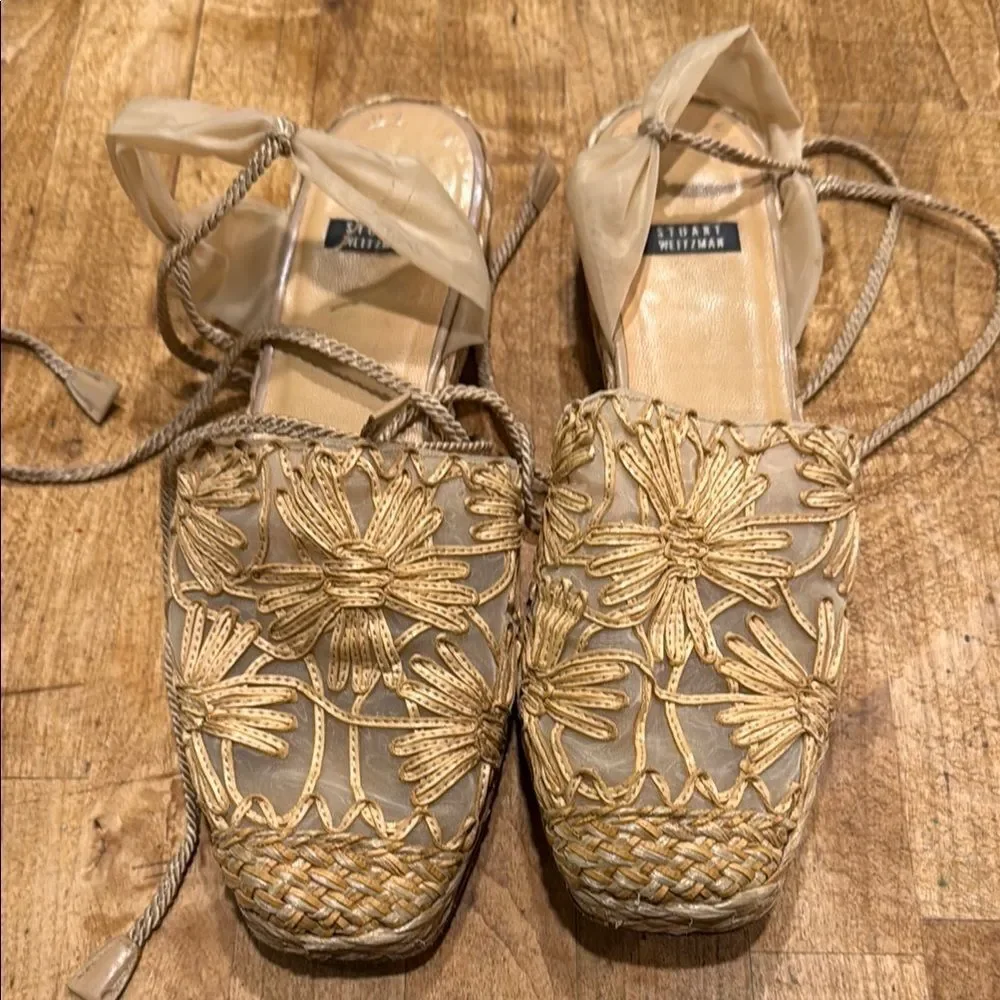 Stuart Weitzman Gold Espadrilles with Intricate Woven Design